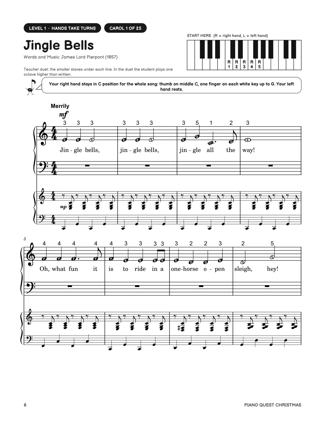 Jingle Bells, page 1, with the teacher duet